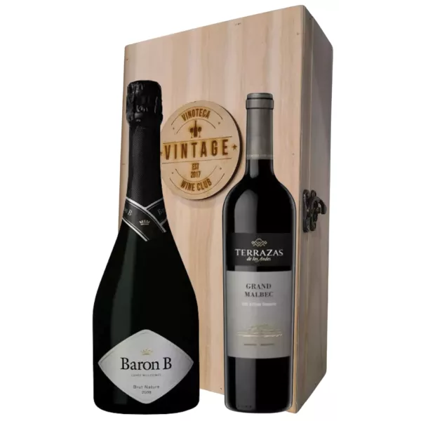 Estuche Madera Vntg + 1 Botella Terrazas Gran Malbec + 1 Botella Baron B Brut Nature