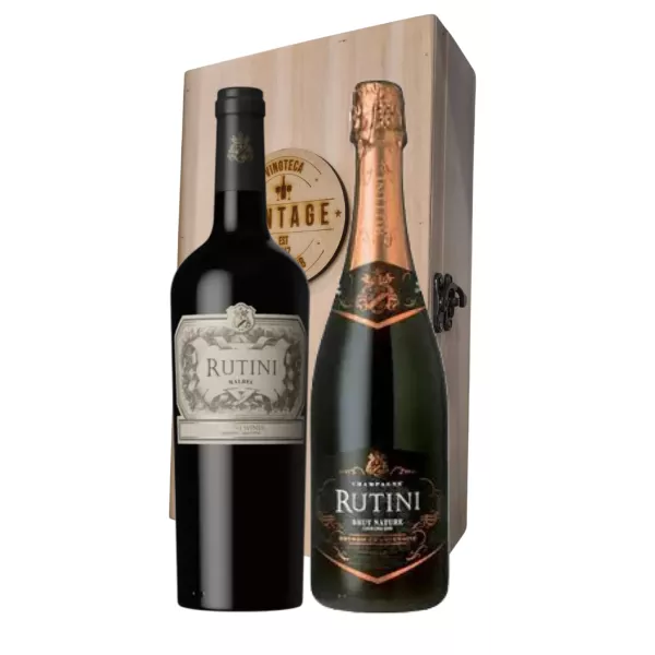 Estuche Madera Vntg + 1 Botella Rutini Malbec +1 Botella Rutini Espumante Brut Nature